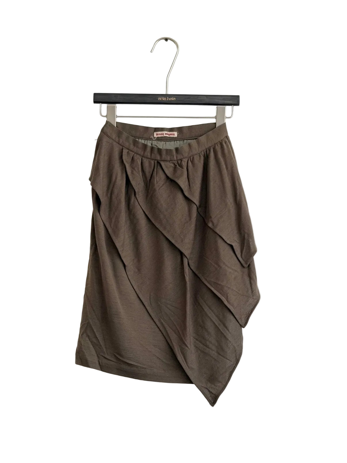 ISSEY MIYAKE 70s OLIVE ASYMMETRICAL MIDI SKIRT
