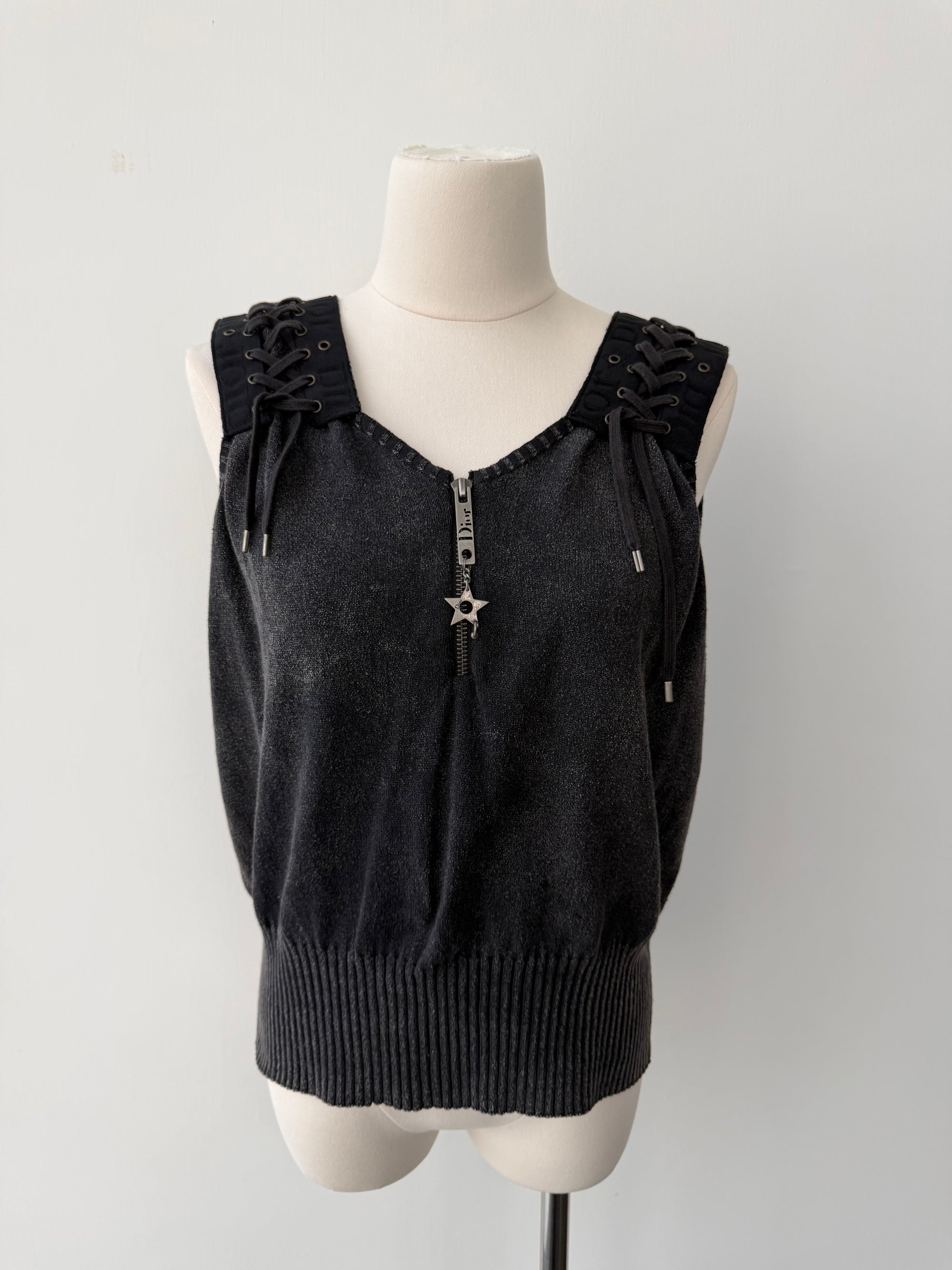 DIOR BY GALLIANO S/S 2004 WASHED CHARCOAL LACE UP TOP