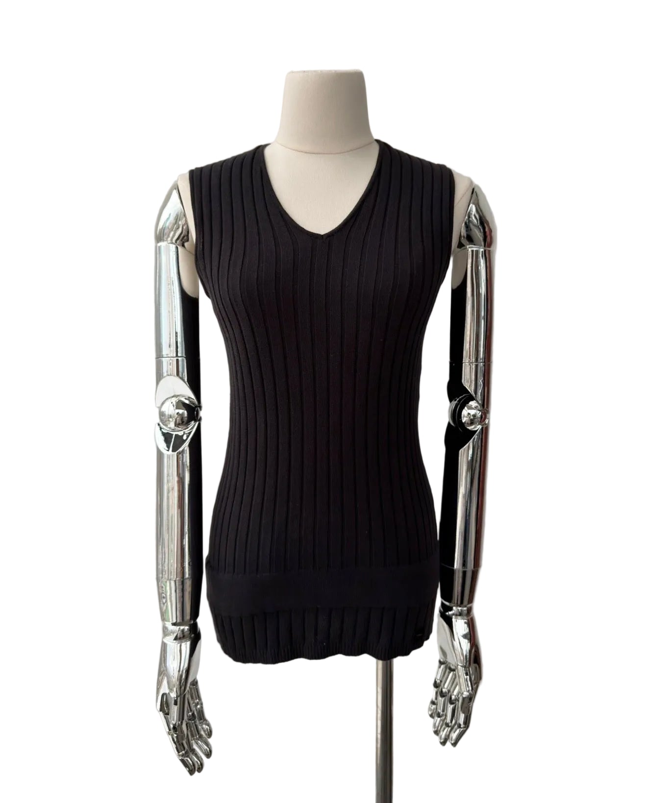 CHANEL S/S 2002 LEATHER BELTED RIBBED KNIT TOP