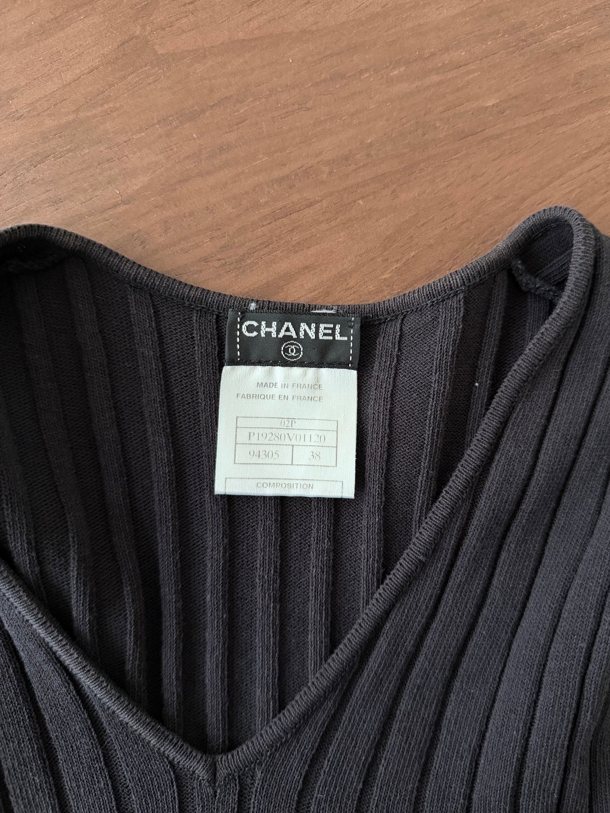 CHANEL S/S 2002 LEATHER BELTED RIBBED KNIT TOP