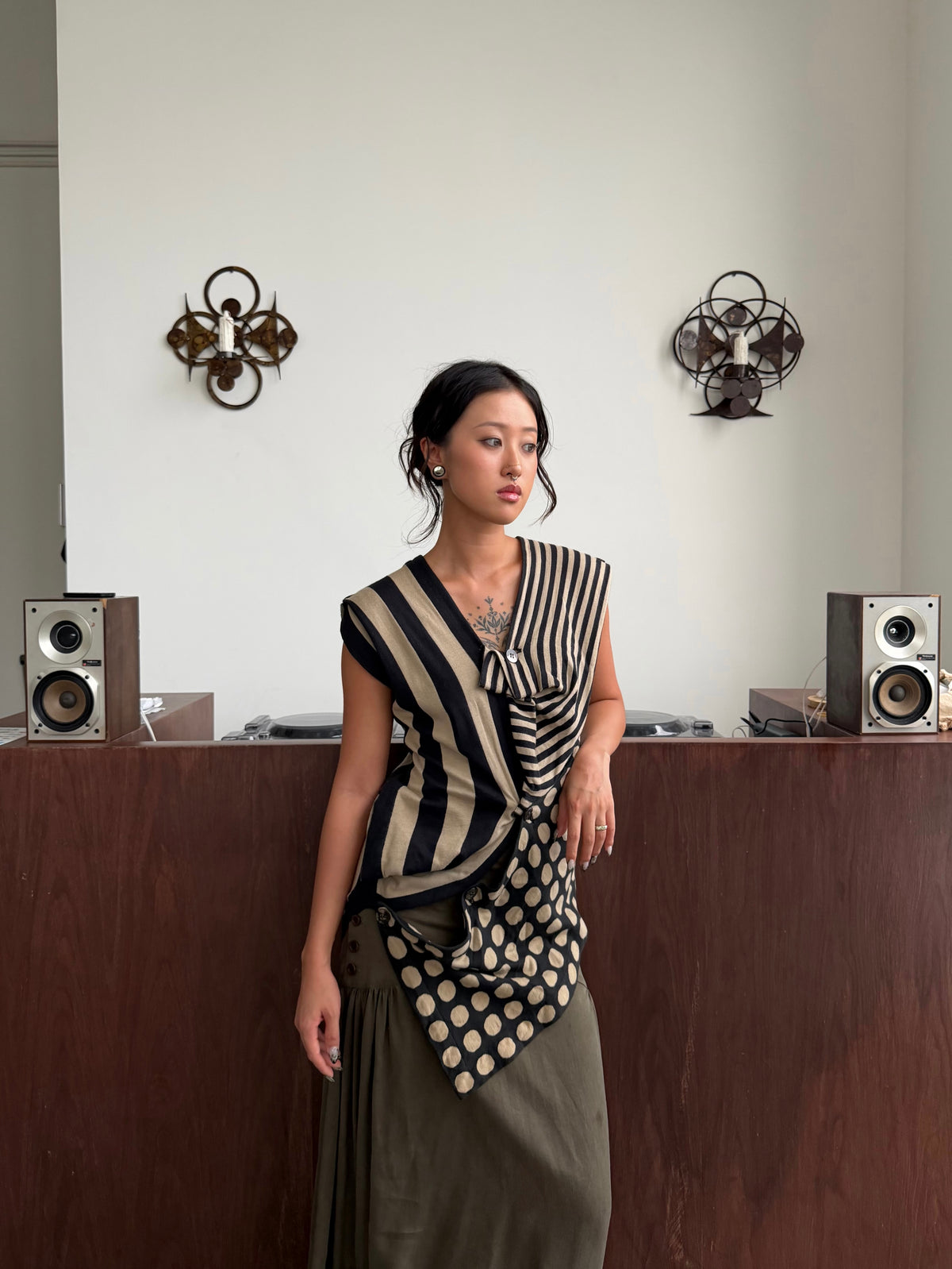 ISSEY MIYAKE 80s POLKA DOT STRIPED BUTTONED TOP