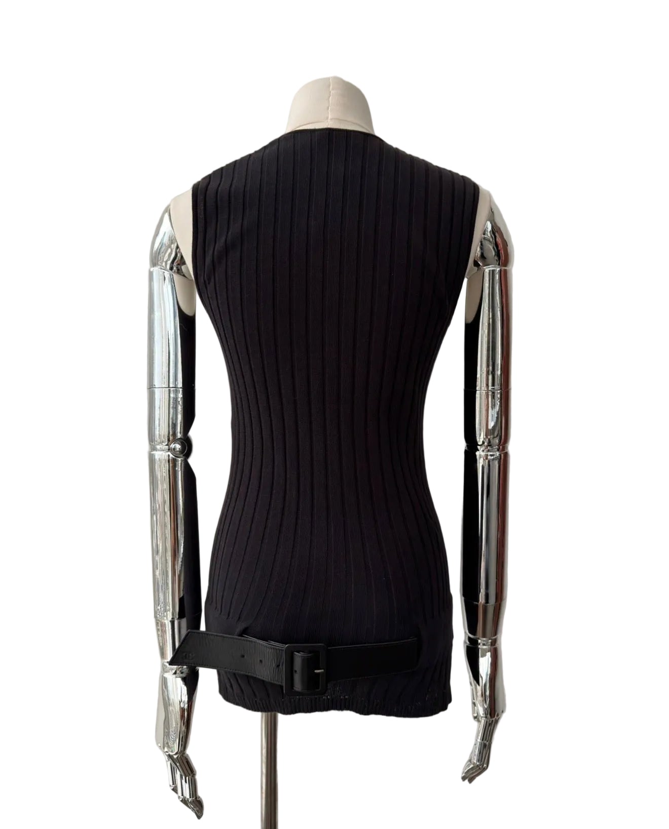 CHANEL S/S 2002 LEATHER BELTED RIBBED KNIT TOP