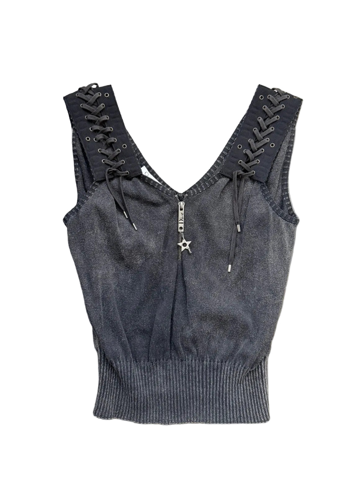 DIOR BY GALLIANO S/S 2004 WASHED CHARCOAL LACE UP TOP