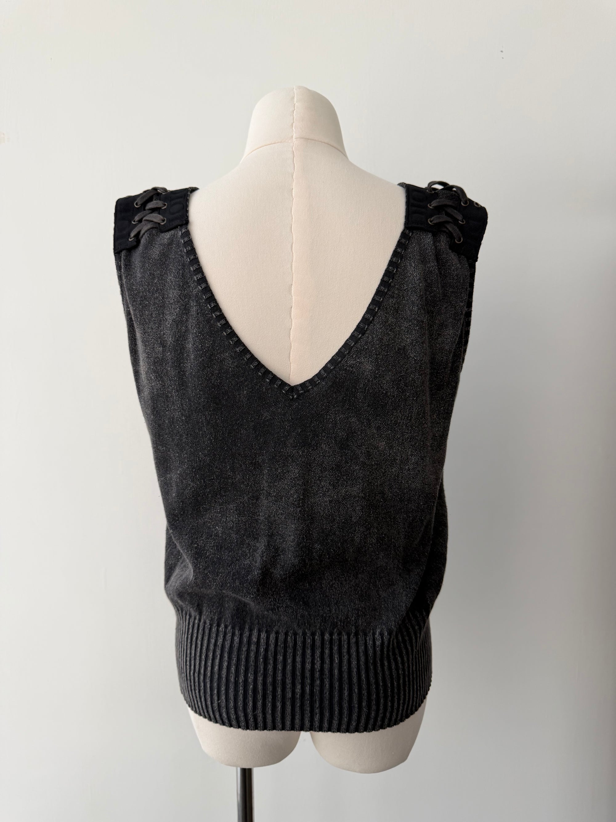DIOR BY GALLIANO S/S 2004 WASHED CHARCOAL LACE UP TOP