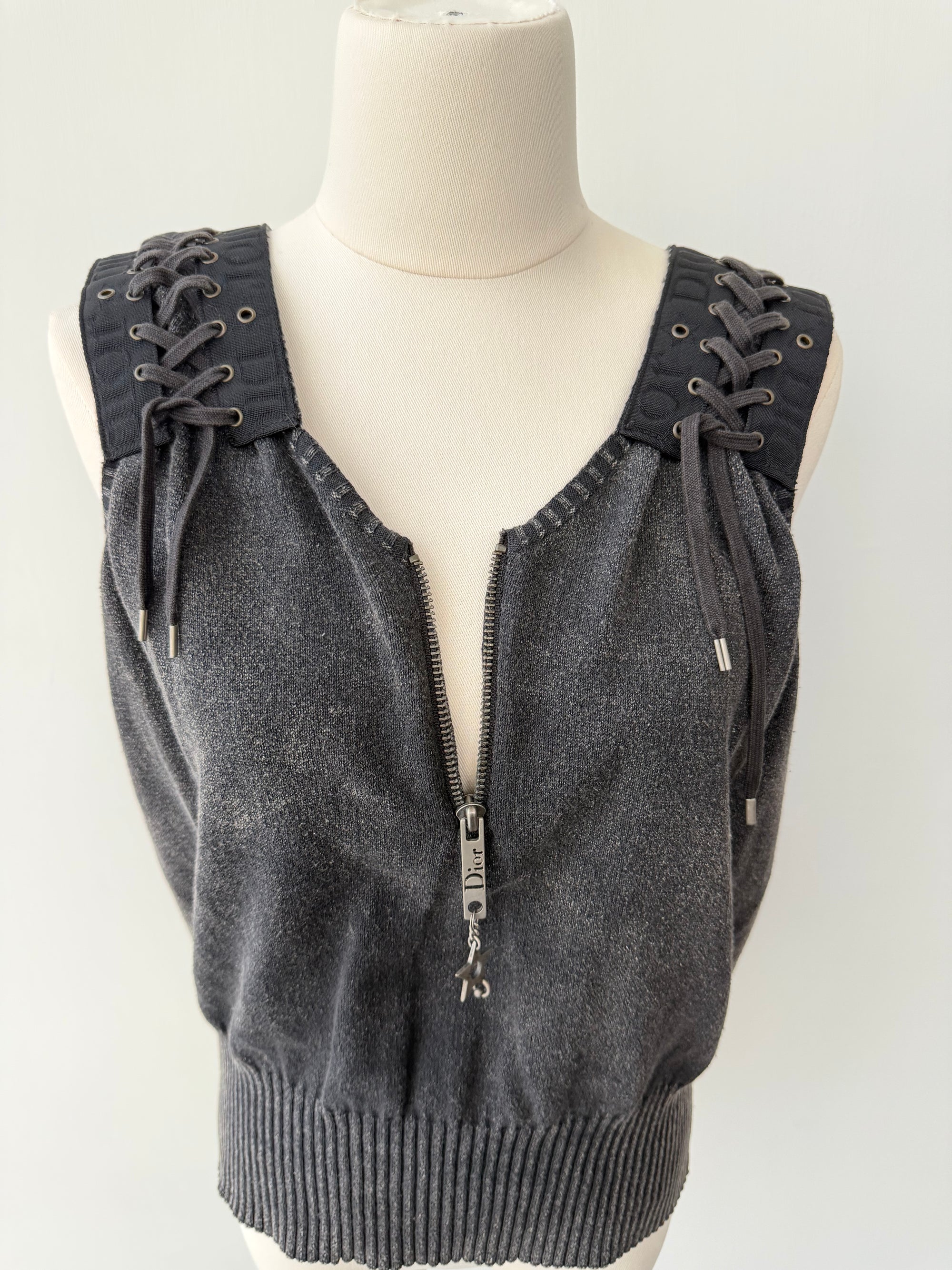 DIOR BY GALLIANO S/S 2004 WASHED CHARCOAL LACE UP TOP