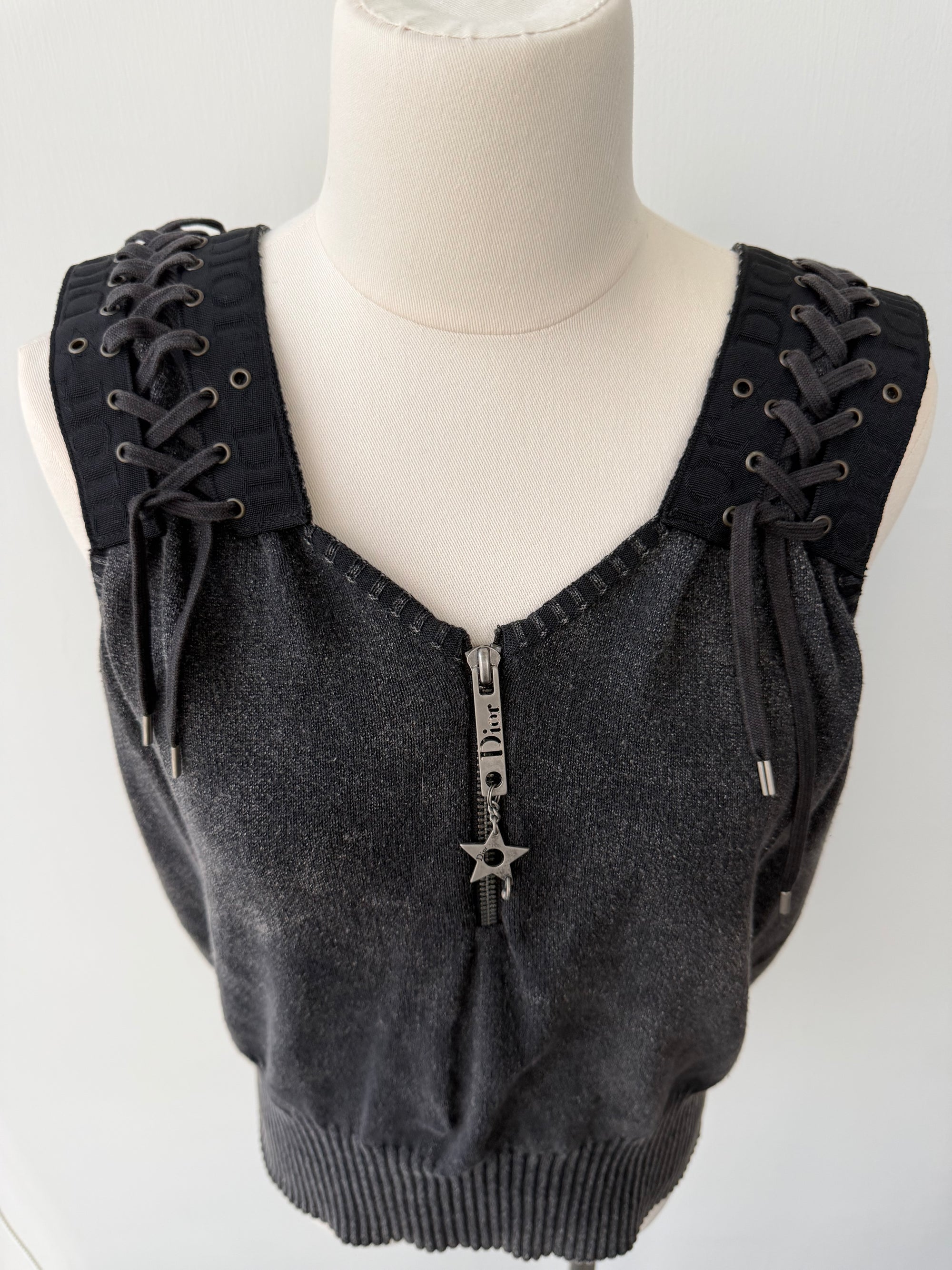 DIOR BY GALLIANO S/S 2004 WASHED CHARCOAL LACE UP TOP