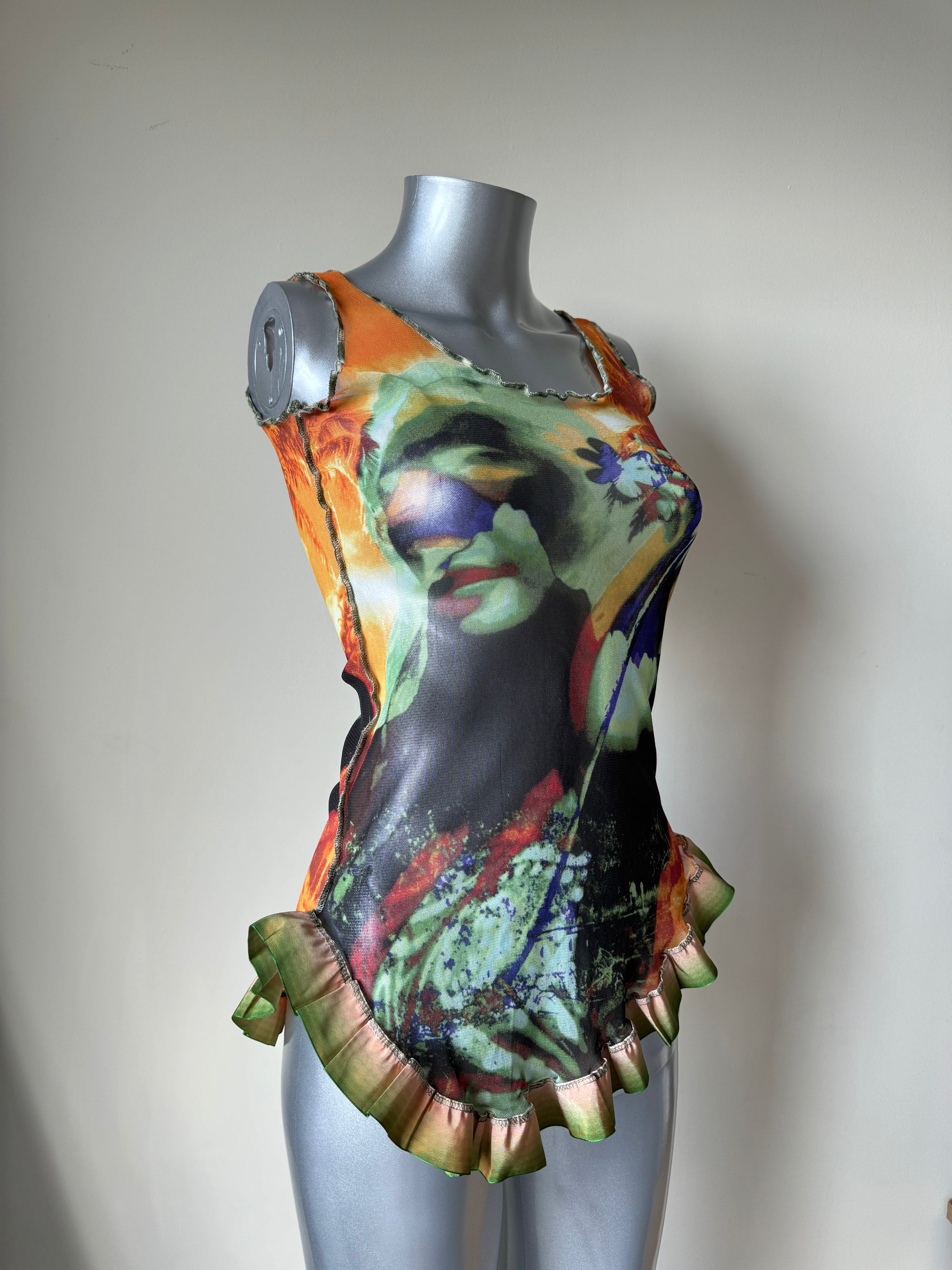 JEAN PAUL GAULTIER 90s TROPICAL PORTRAIT MESH TOP