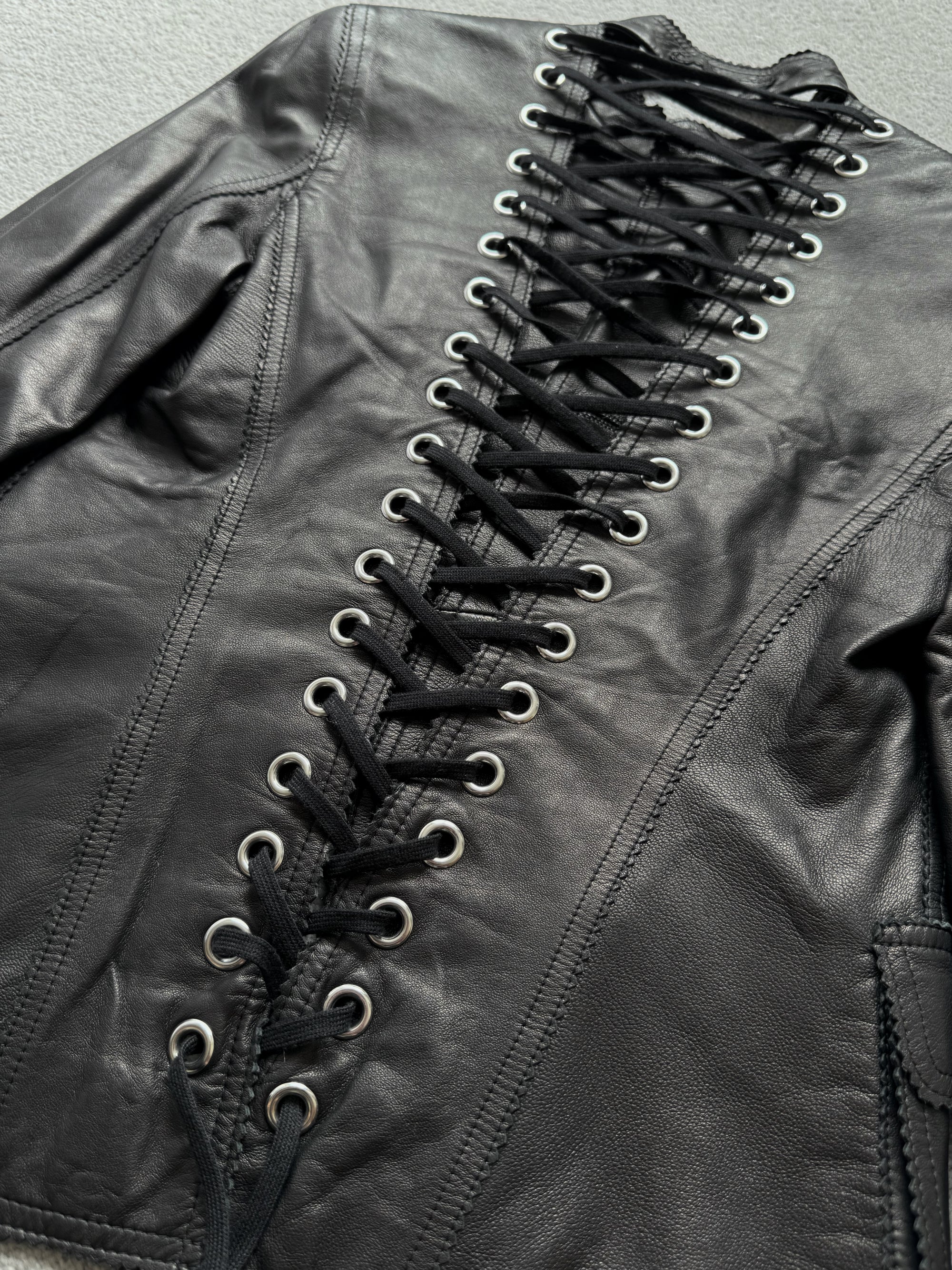 JEAN PAUL GAULTIER BLACK LACE UP LEATHER JACKET