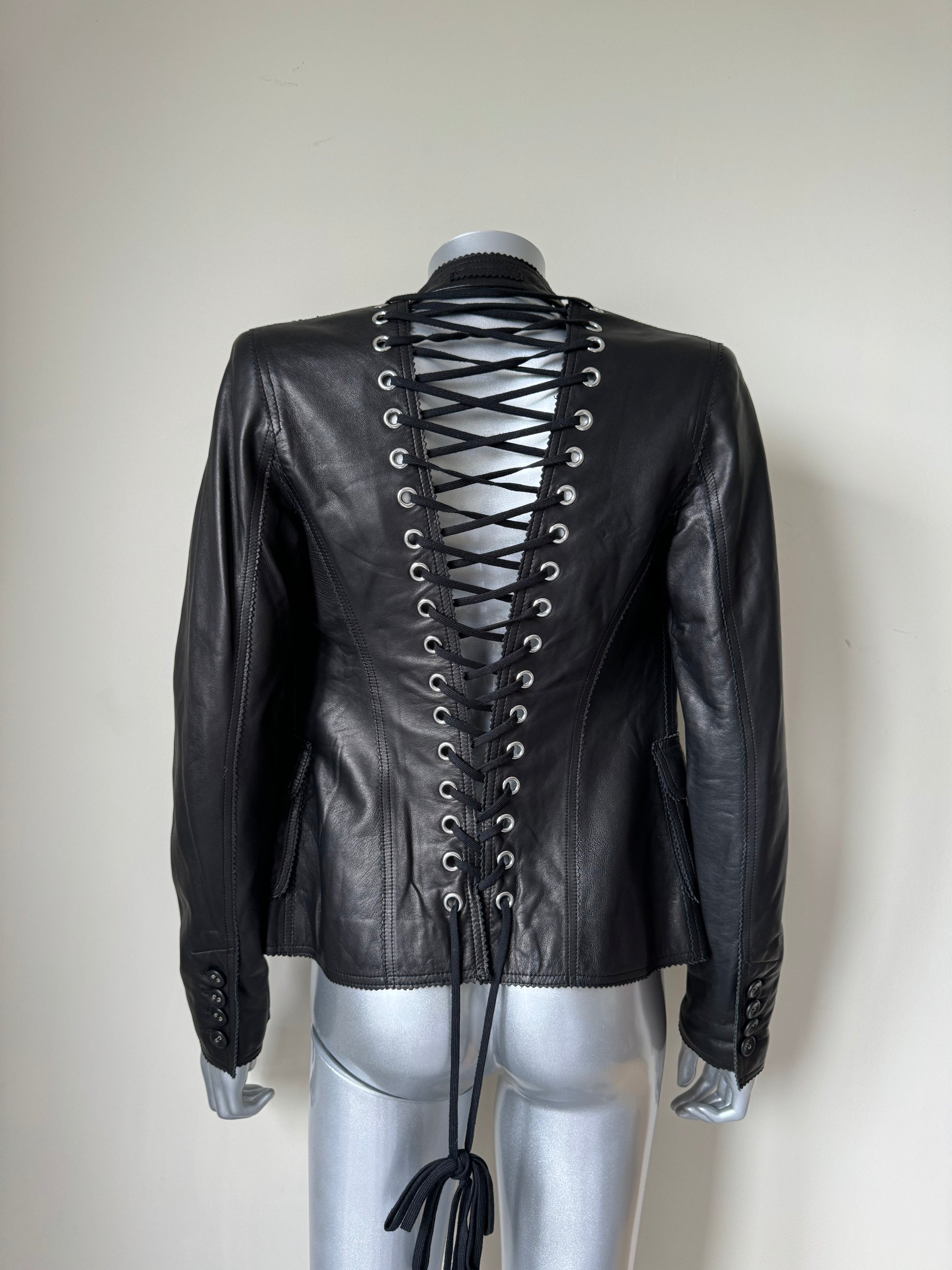 JEAN PAUL GAULTIER BLACK LACE UP LEATHER JACKET