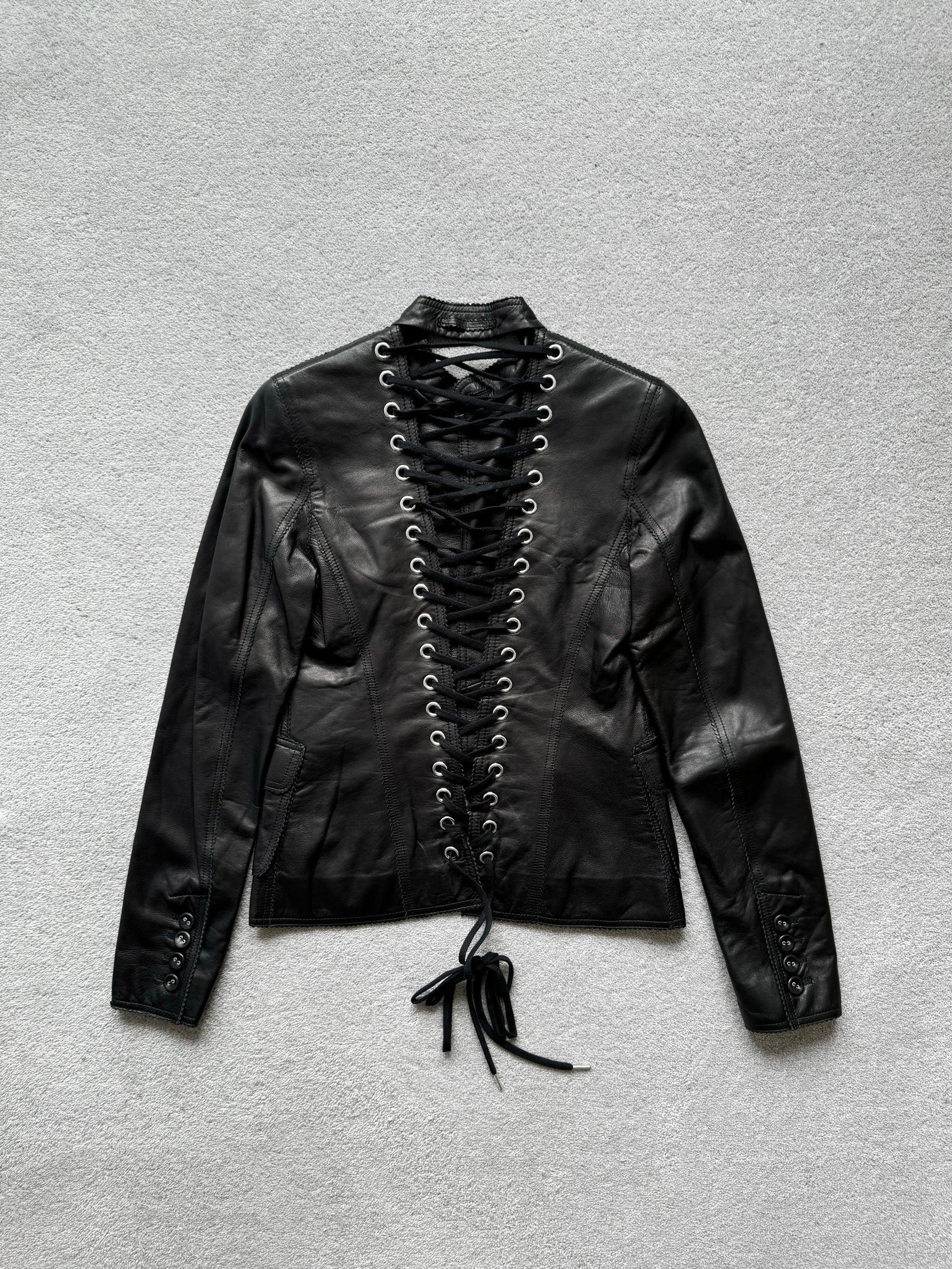 JEAN PAUL GAULTIER BLACK LACE UP LEATHER JACKET
